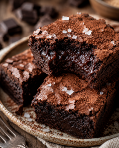 Stacked 2-ingredient cottage cheese brownies on a rustic ceramic plate with fudgy centers, crackly tops, flaky sea salt, and chocolate chunks on a farmhouse wooden table.