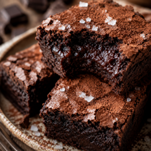cottage cheese brownies- Cottage Cheese Brownies Stacked 2-ingredient cottage cheese brownies on a rustic ceramic plate with fudgy centers, crackly tops, flaky sea salt, and chocolate chunks on a farmhouse wooden table.