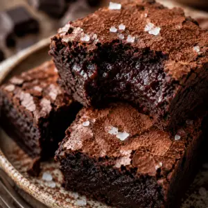 cottage cheese brownies- Cottage Cheese Brownies Stacked 2-ingredient cottage cheese brownies on a rustic ceramic plate with fudgy centers, crackly tops, flaky sea salt, and chocolate chunks on a farmhouse wooden table.