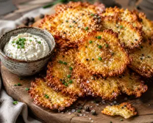 Close-up of crispy homemade cottage cheese chips piled on a rustic wooden serving board with golden caramelized edges, Everything Bagel seasoning, chopped chives, and a bowl of creamy whipped cottage cheese ranch dip.