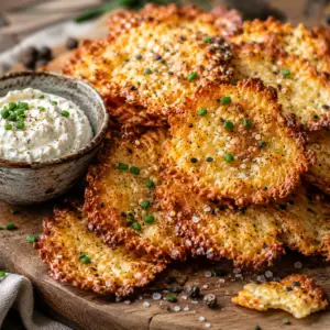 Close-up of crispy homemade cottage cheese chips piled on a rustic wooden serving board with golden caramelized edges, Everything Bagel seasoning, chopped chives, and a bowl of creamy whipped cottage cheese ranch dip.