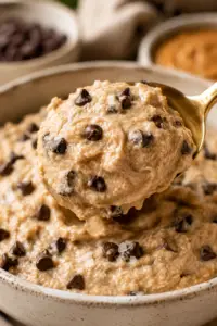 Vintage gold spoon lifting a thick scoop of homemade cottage cheese cookie dough filled with mini chocolate chips from a rustic ceramic bowl.