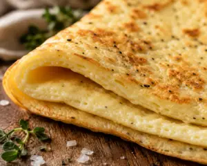 Extreme close-up of homemade cottage cheese flatbread folded in half showing its soft, flexible interior and lightly golden edges on a rustic wooden board.