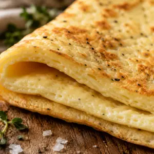 cottage cheese flatbread- Cottage Cheese Flatbread Extreme close-up of homemade cottage cheese flatbread folded in half showing its soft, flexible interior and lightly golden edges on a rustic wooden board.