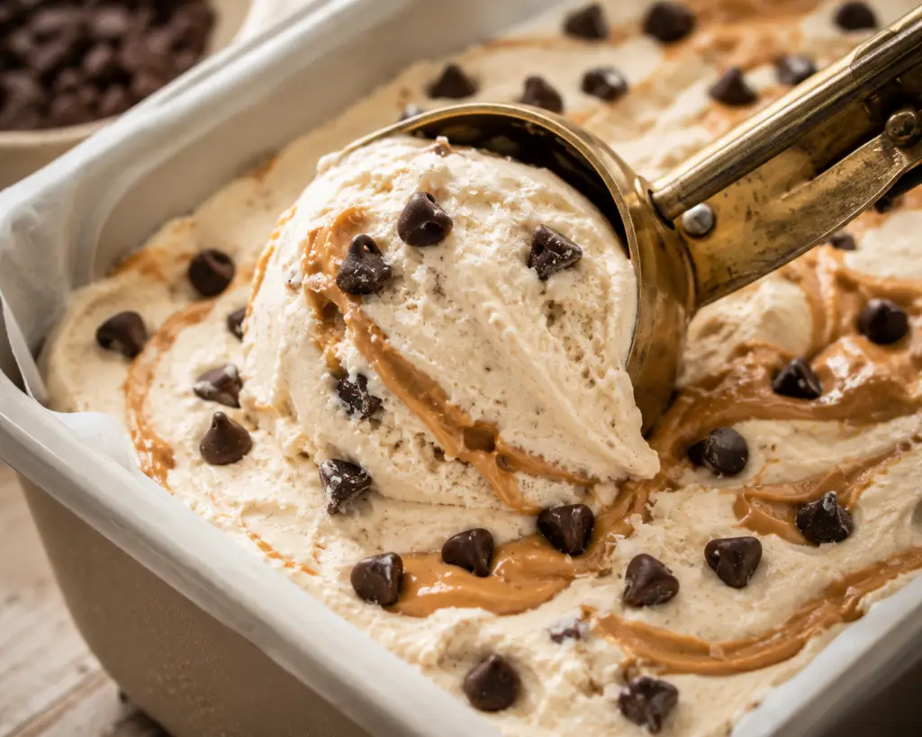 Close-up of a vintage gold ice cream scoop lifting creamy homemade cottage cheese ice cream with peanut butter swirls and mini chocolate chips from a loaf pan.