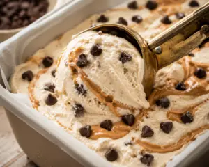 Close-up of a vintage gold ice cream scoop lifting creamy homemade cottage cheese ice cream with peanut butter swirls and mini chocolate chips from a loaf pan.