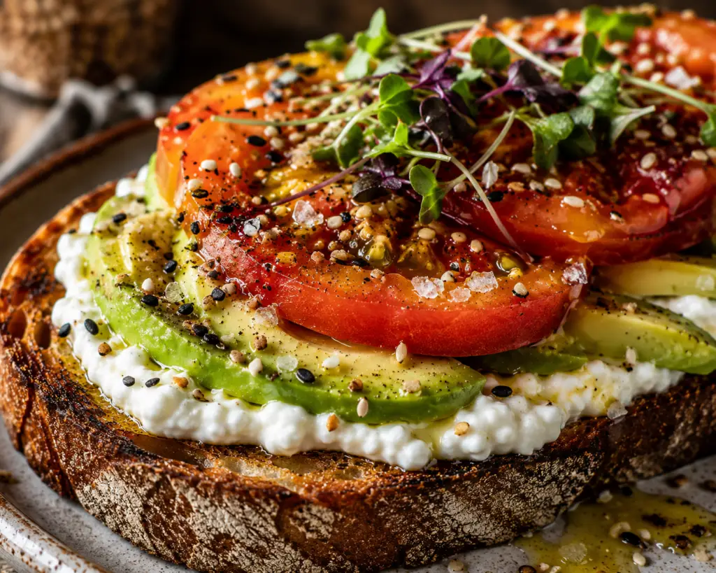 Close-up of toasted sourdough topped with whipped cottage cheese, avocado, heirloom tomatoes, Everything Bagel seasoning, microgreens, flaky sea salt, black pepper, and olive oil.
