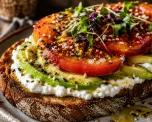 Close-up of toasted sourdough topped with whipped cottage cheese, avocado, heirloom tomatoes, Everything Bagel seasoning, microgreens, flaky sea salt, black pepper, and olive oil.