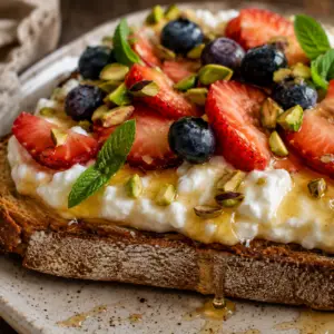 Extreme close-up of rustic sourdough toast topped with whipped cottage cheese, sliced strawberries, fresh blueberries, chopped pistachios, honey, and mint on a vintage ceramic plate.