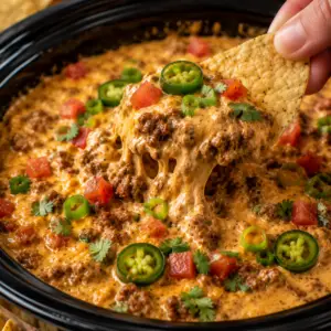 crock pot chili cheese dip- Crock Pot Chili Cheese Dip Tortilla chip scooping creamy slow cooker chili cheese dip topped with jalapeƱos, cilantro, tomatoes, and green onions from a black crock pot.