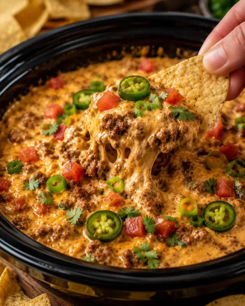 Tortilla chip scooping creamy slow cooker chili cheese dip topped with jalapeños, cilantro, tomatoes, and green onions from a black crock pot.