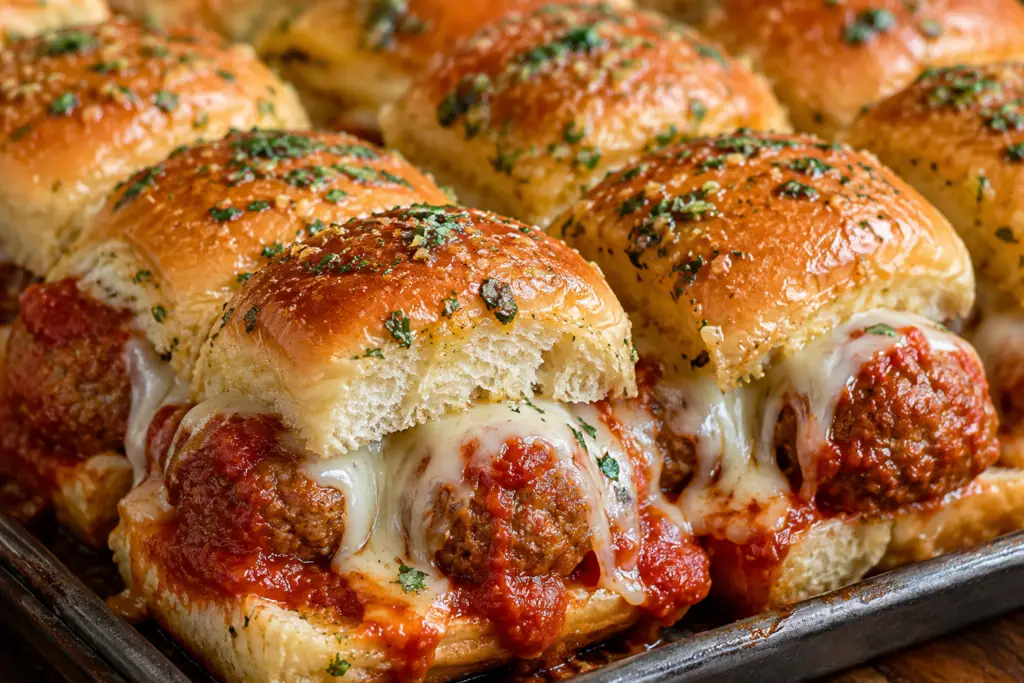 Close-up of cheesy Crockpot Italian Meatball Sliders made with Hawaiian rolls, marinara sauce, mozzarella cheese, and garlic butter topping.