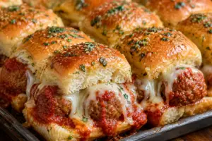 Close-up of cheesy Crockpot Italian Meatball Sliders made with Hawaiian rolls, marinara sauce, mozzarella cheese, and garlic butter topping.