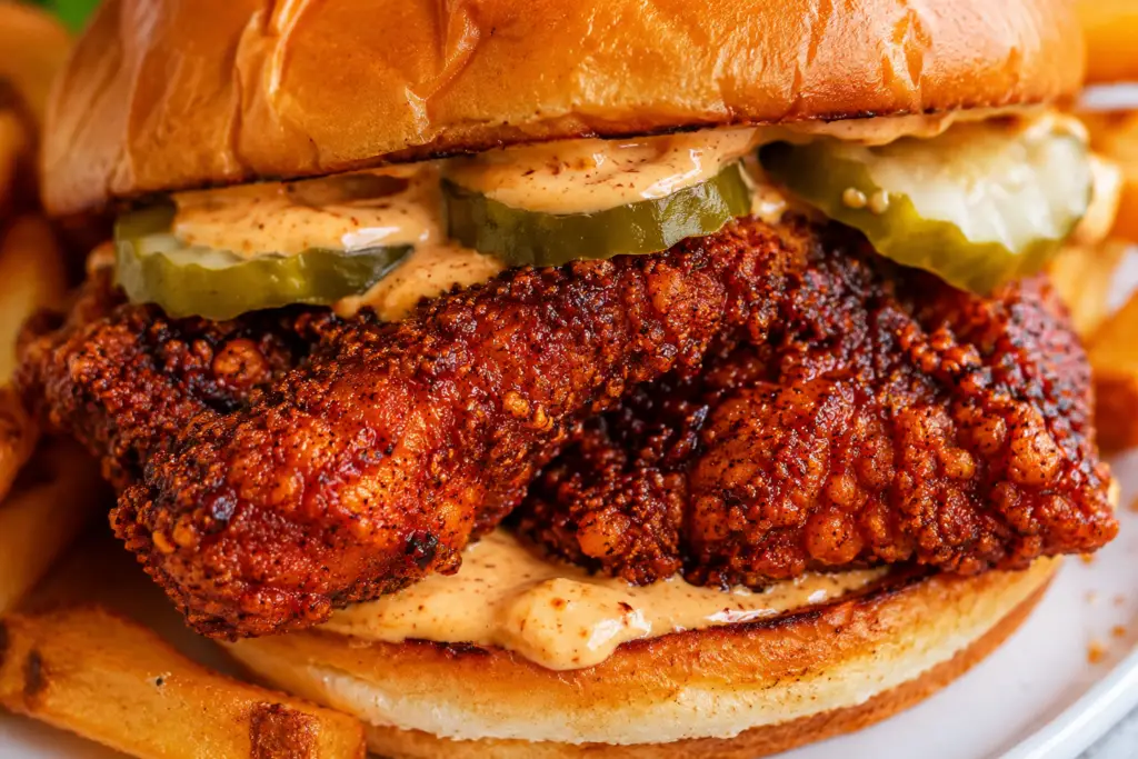Close-up of a homemade Dave's Hot Chicken sandwich with crispy Nashville-style fried chicken, creamy Dave's sauce, dill pickle slices, and a toasted brioche bun served with crispy French fries.