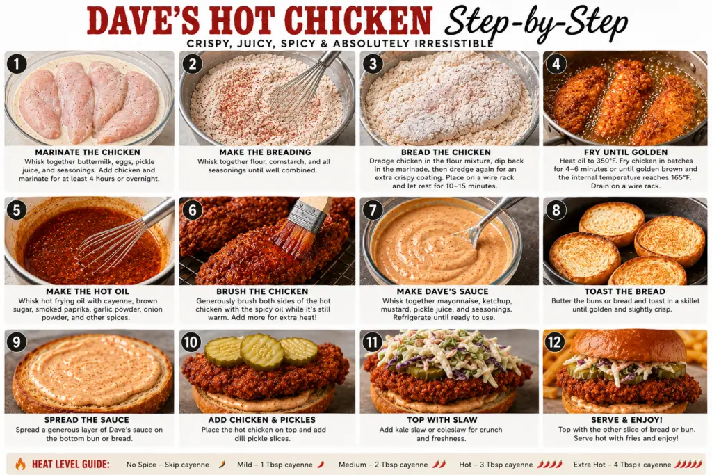 Step-by-step collage showing how to make homemade Dave's Hot Chicken, including marinating the chicken, breading, frying, making the hot oil and sauce, assembling the sandwich, and serving.