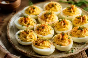 Close-up of homemade deviled eggs topped with smoked paprika and fresh herbs on a rustic ceramic plate.