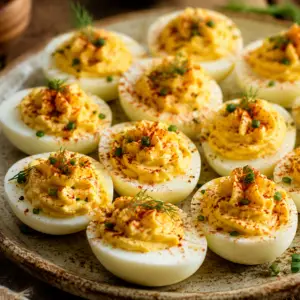 Close-up of homemade deviled eggs topped with smoked paprika and fresh herbs on a rustic ceramic plate.