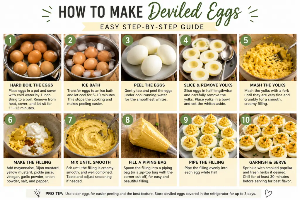 Step-by-step infographic showing how to make classic deviled eggs, from boiling and peeling eggs to preparing the creamy filling and piping it into egg whites.