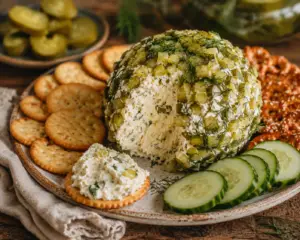Rustic dill pickle cheese ball coated in fresh dill and chopped pickles with a creamy scoop removed, served with buttery crackers, pretzel crisps, and sliced cucumbers on a ceramic plate.