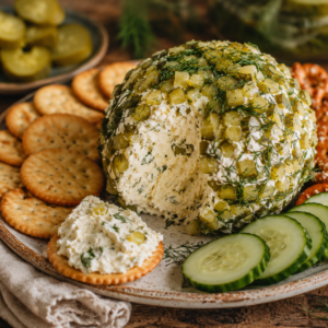 dill pickle cheese ball- Dill Pickle Cheese Ball Rustic dill pickle cheese ball coated in fresh dill and chopped pickles with a creamy scoop removed, served with buttery crackers, pretzel crisps, and sliced cucumbers on a ceramic plate.