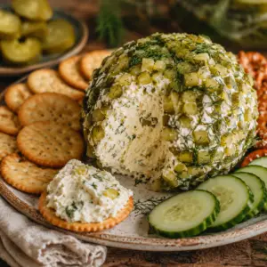 Rustic dill pickle cheese ball coated in fresh dill and chopped pickles with a creamy scoop removed, served with buttery crackers, pretzel crisps, and sliced cucumbers on a ceramic plate.