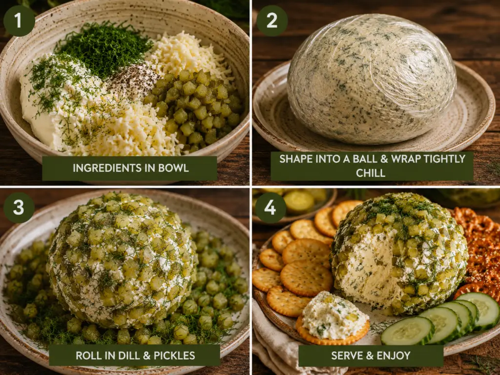 Four-step collage showing how to make dill pickle cheese ball, including ingredients, shaping, rolling in dill and pickles, and serving.