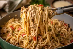 Close-up of creamy Dirty Spaghetti noodles being lifted from a sage green Caraway skillet, showing a rich Cajun Parmesan sauce coating every strand with seasoned beef and Italian sausage.