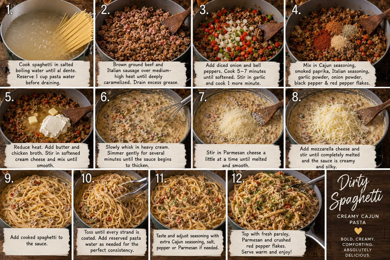Step-by-step collage showing how to make homemade Dirty Spaghetti, including boiling spaghetti, browning beef and sausage, sautéing vegetables, making a creamy Cajun cheese sauce, and tossing everything together.