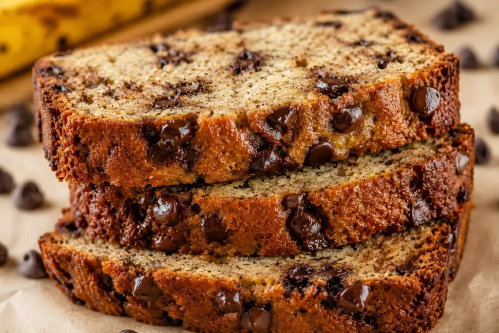 Stacked slices of moist eggless banana bread with chocolate chips showing a soft, fluffy crumb and golden crust.
