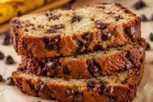 Stacked slices of moist eggless banana bread with chocolate chips showing a soft, fluffy crumb and golden crust.