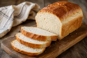 Freshly baked eggless bread loaf sliced on a rustic wooden cutting board, featuring a golden crust and soft, fluffy interior.