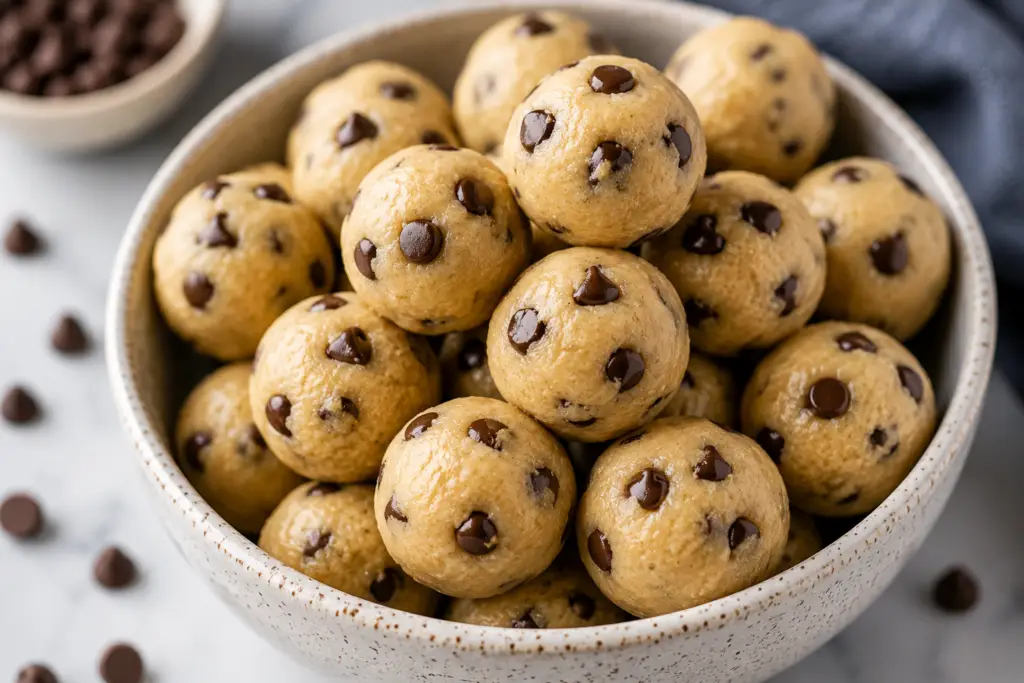 Bowl of homemade eggless edible cookie dough balls with mini chocolate chips, including a gooey cookie dough ball cut open to show the soft creamy center.