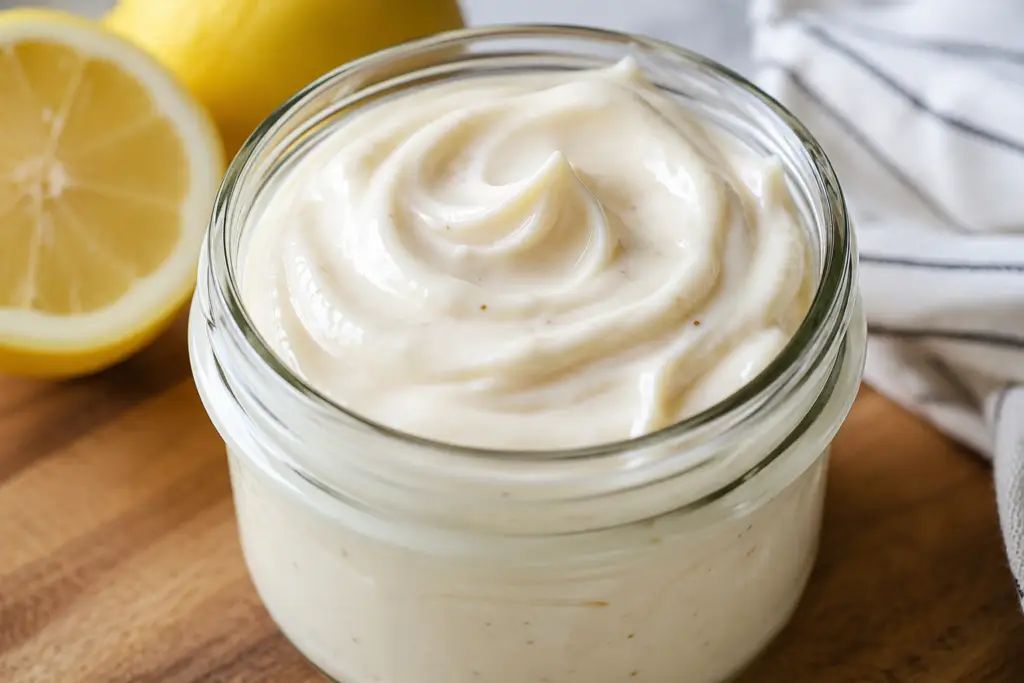Close-up of creamy homemade eggless mayonnaise in a glass jar with fresh lemon in the background.