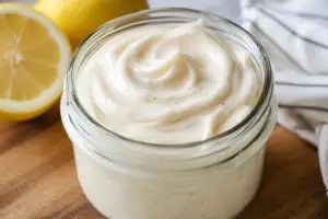 Close-up of creamy homemade eggless mayonnaise in a glass jar with fresh lemon in the background.