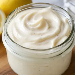 Close-up of creamy homemade eggless mayonnaise in a glass jar with fresh lemon in the background.