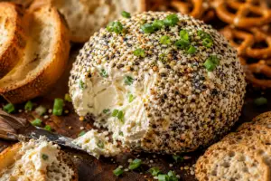 Close-up of a rustic everything bagel cheese ball coated in everything seasoning with a scoop removed to reveal the creamy interior, surrounded by crackers and pretzels.