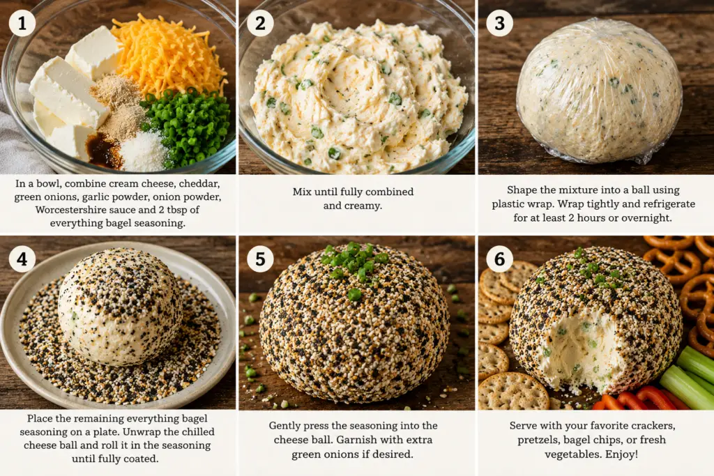 Step-by-step collage showing how to make an Everything Bagel Cheese Ball, from mixing the ingredients to coating and serving the finished appetizer.