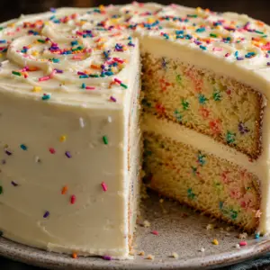 Close-up of a homemade two-layer funfetti cake frosted with creamy vanilla buttercream and decorated with colorful rainbow sprinkles, with a slice removed to reveal the soft sprinkle-filled interior.