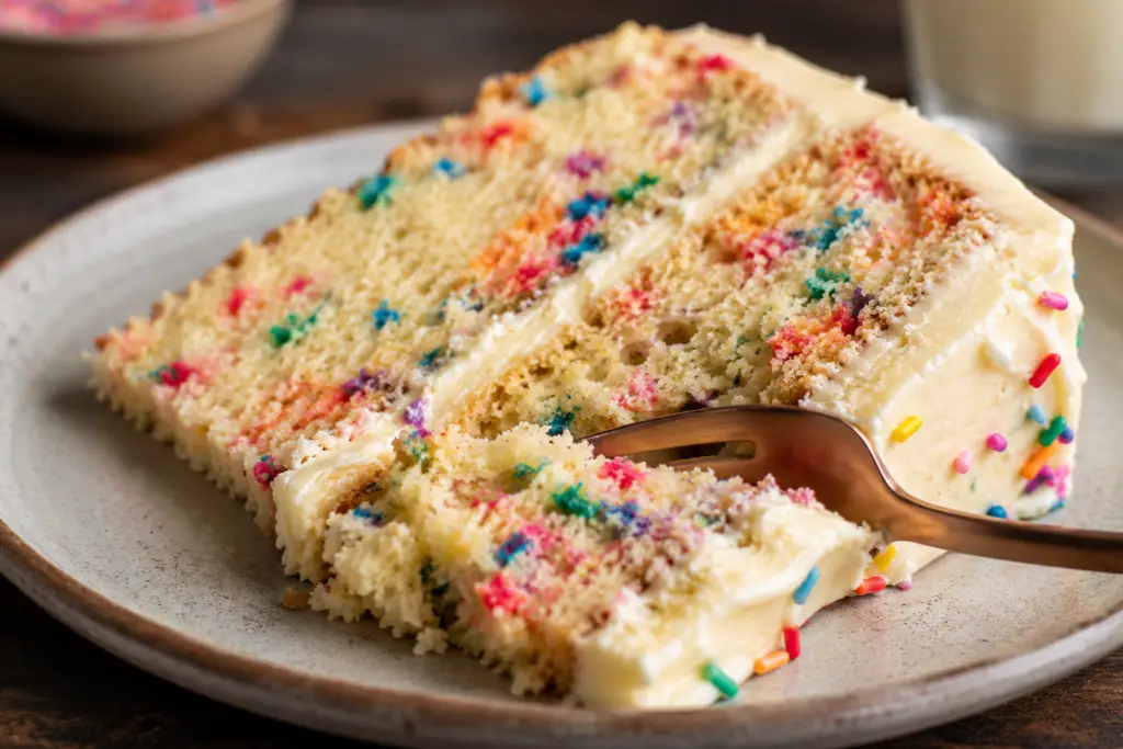 Close-up of a slice of funfetti cake lying on its side with a fork taking a bite, revealing moist vanilla cake layers filled with colorful sprinkles and creamy buttercream frosting.