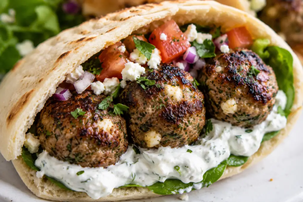 Greek meatball pita stuffed with homemade Keftedes, tzatziki sauce, tomatoes, feta cheese, red onion, and fresh herbs.