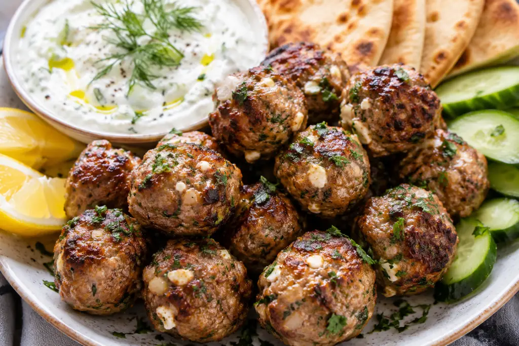 Juicy homemade Greek meatballs (Keftedes) served with creamy tzatziki, warm grilled pita bread, fresh cucumber slices, lemon wedges, and crumbled feta.