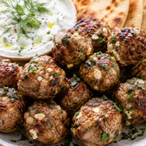greek meatballs- Greek Meatballs (Keftedes) Juicy homemade Greek meatballs (Keftedes) served with creamy tzatziki, warm grilled pita bread, fresh cucumber slices, lemon wedges, and crumbled feta.