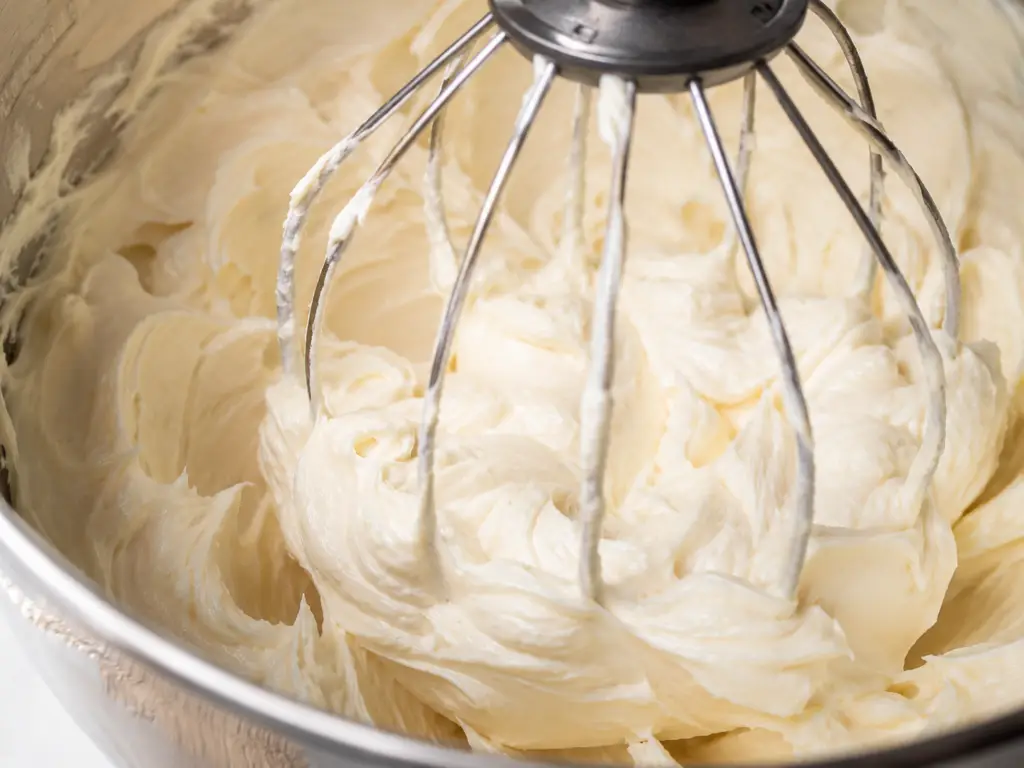 Close-up of fluffy homemade vanilla buttercream frosting whipped in a stand mixer bowl with a whisk attachment coated in creamy frosting.