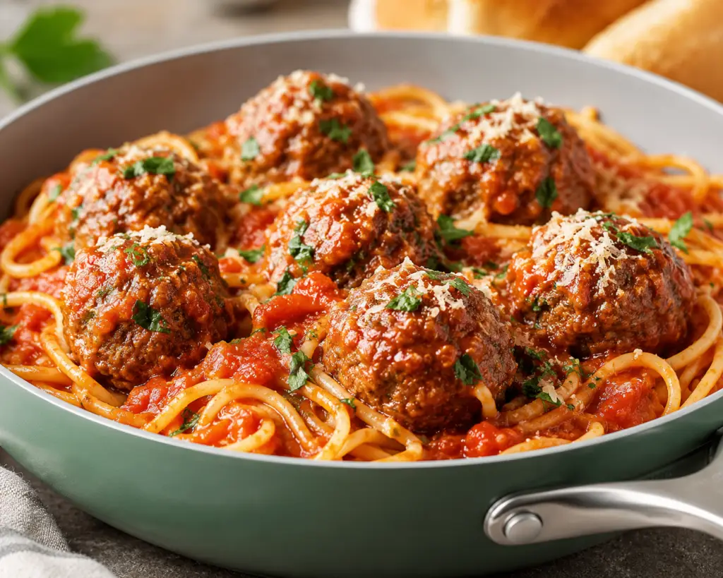 Close-up of homemade spaghetti and meatballs in a sage green Caraway ceramic skillet with rich marinara sauce, tender baked meatballs, grated Parmesan cheese, and fresh parsley.