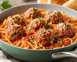 Close-up of homemade spaghetti and meatballs in a sage green Caraway ceramic skillet with rich marinara sauce, tender baked meatballs, grated Parmesan cheese, and fresh parsley.