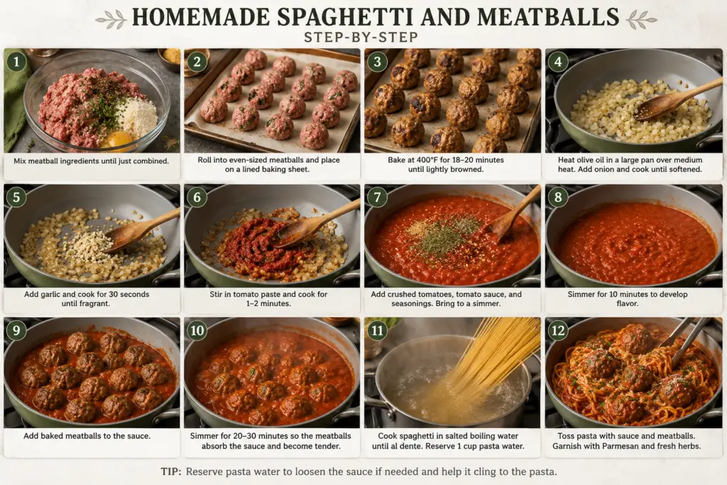 Step-by-step collage showing how to make homemade spaghetti and meatballs from mixing the meatball ingredients to baking, simmering in marinara sauce, cooking spaghetti, and serving.