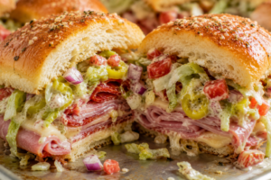 Italian grinder slider cut in half showing layers of deli meats, melted cheese, and creamy chopped grinder salad spilling from the center.