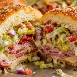 Italian Grinder sliders- Italian Grinder Sliders Italian grinder slider cut in half showing layers of deli meats, melted cheese, and creamy chopped grinder salad spilling from the center.