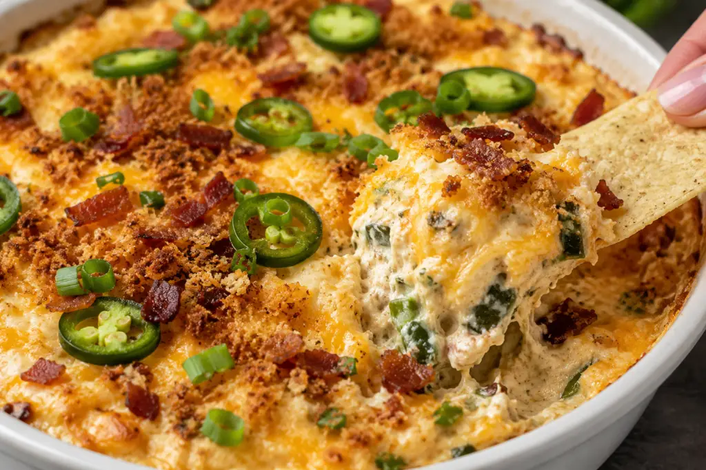 Close-up of baked jalapeño popper dip topped with crispy bacon, sliced jalapeños, green onions, and golden toasted breadcrumbs with a tortilla chip scooping out the creamy cheesy dip.