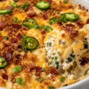 jalapeno popper dip- Jalapeño Popper Dip Close-up of baked jalapeño popper dip topped with crispy bacon, sliced jalapeños, green onions, and golden toasted breadcrumbs with a tortilla chip scooping out the creamy cheesy dip.